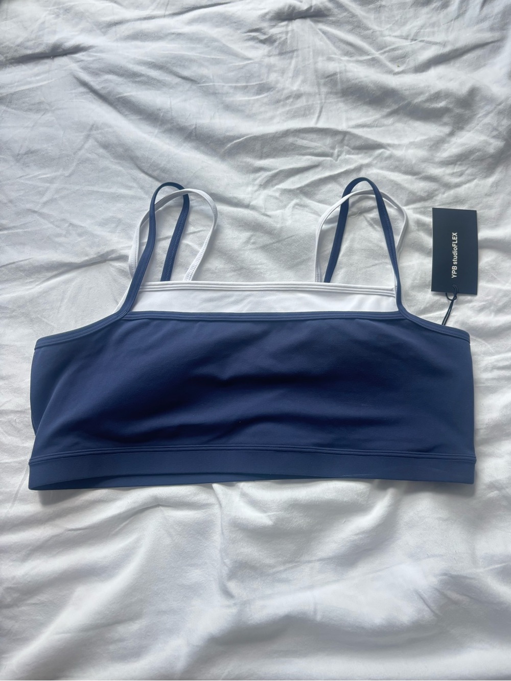 NWT Abercrombie & Fitch XL YPB Studio Flex Layered Sports Bra Navy and White
